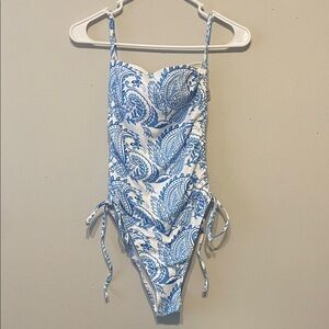 Blue and White Ruched One-Piece Swimsuit